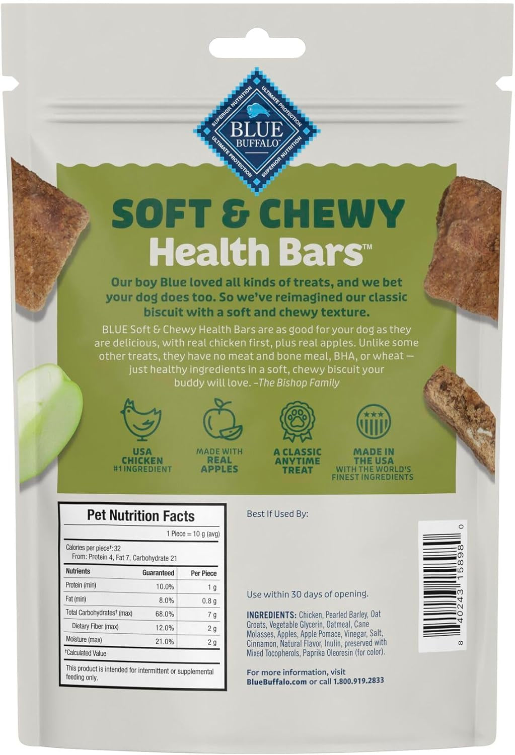 Blue Buffalo Soft & Chewy Health Bars, Baked with Real Chicken & Apples, Natural Dog Treats Mineral Enhanced for Flavor, 9 Oz. Bag