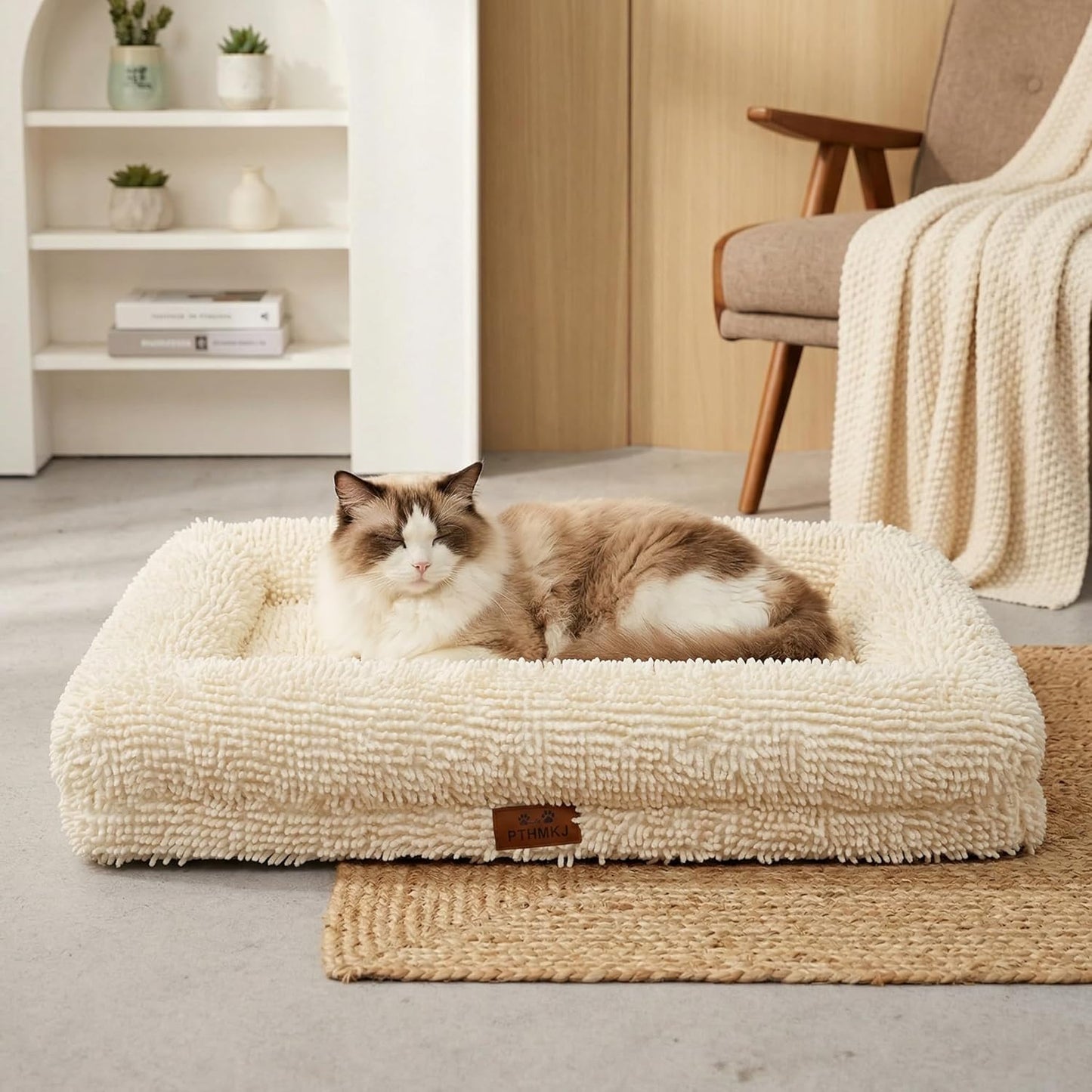 Orthopedic Dog Bed for Medium Dog Cat Noodle Cover Egg-Foam Dog Cat Bed Medium Pet Sofa with Removable Cover Washable Waterproof Pet Couch Beds (White, 30.0" L X 20.0" W X 6.3" Th)