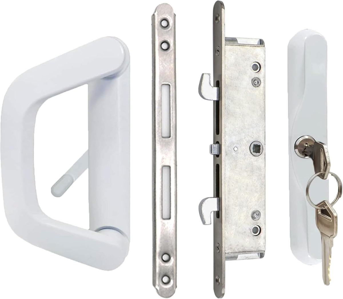Patio Sliding Glass Door Handle Set with Mortise Lock and Keys, Full Replacement Handle Lock Set Fits Door Thickness from 1-1/2" to 2", 4-15/16" H C ., Reversible Design, Non-Handed (White)
