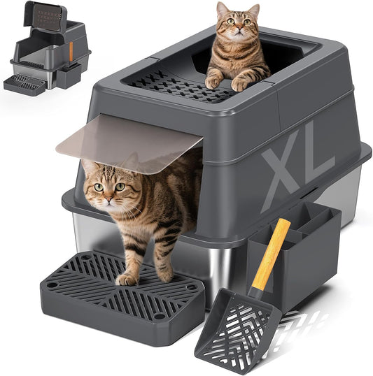 Stainless Steel Litter Box with Lid, XL Closed Metal Litter Box Modular Design with Flip Lid Fits All Cats, Extra Large Covered High Sided Cat Box, Scoop, Non-Sticky, Easy Cleaning (Dark Grey)