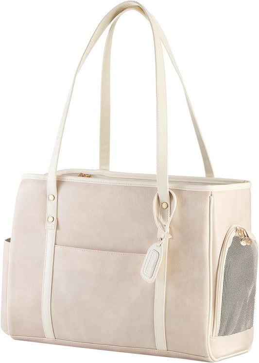 Fashion Dog Carrier Purse, Premium Leather Cat Carrier Bag, Airline Approved Soft Sided Pet Travel Tote Bag with Pockets Beige