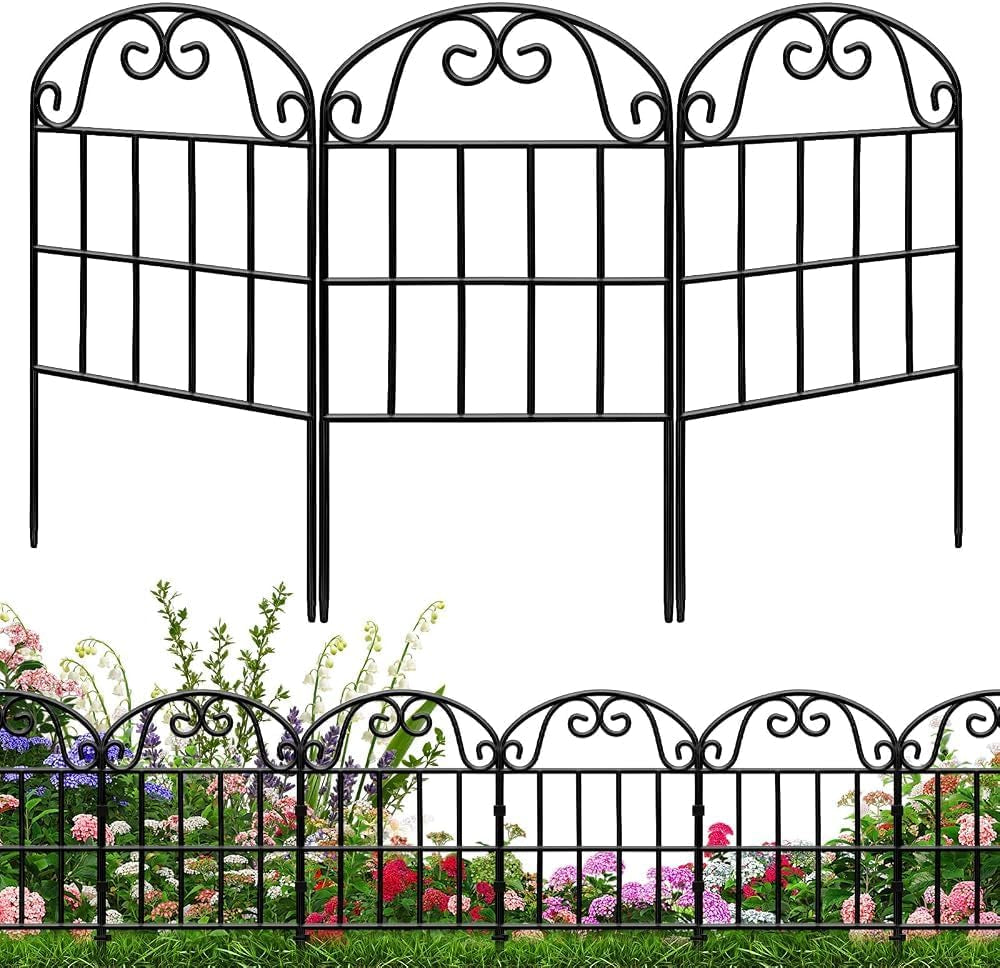 24.5In(H) X10.8Ft(L) Garden Fence Animal Barrier, 10 Pack Tall Decorative Metal Fencing Panel, Arched Black Fence for Dog, Yard, Patio Outdoor Decor