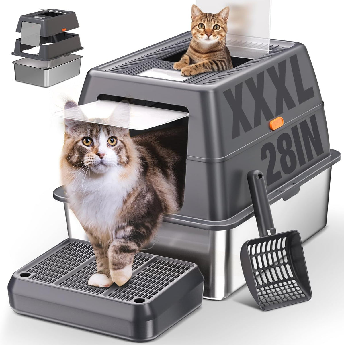 XXXL Stainless Steel Litter Box with Lid, Extra Large 28" Lx20 Dx18.1 H Litter Box for Big Cats, Enclosed Jumbo Metal Litter Boxes with Removable Cover & Footboard, Anti-Leakage,Odorless