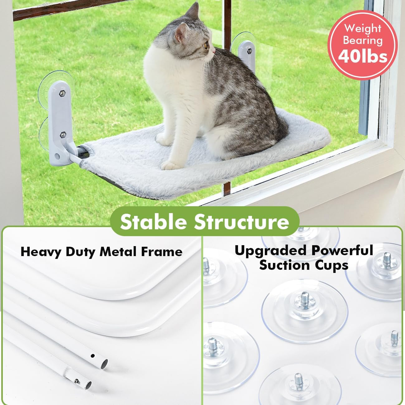 Zoratoo 2PC Cat Window Perch Cordless Foldable Cat Hammock Bed for Window with Metal Frame and Reversible Cover, Large Suction Cups Window Resting Seat for Indoor Cats (Cat Bed, M-2PC)