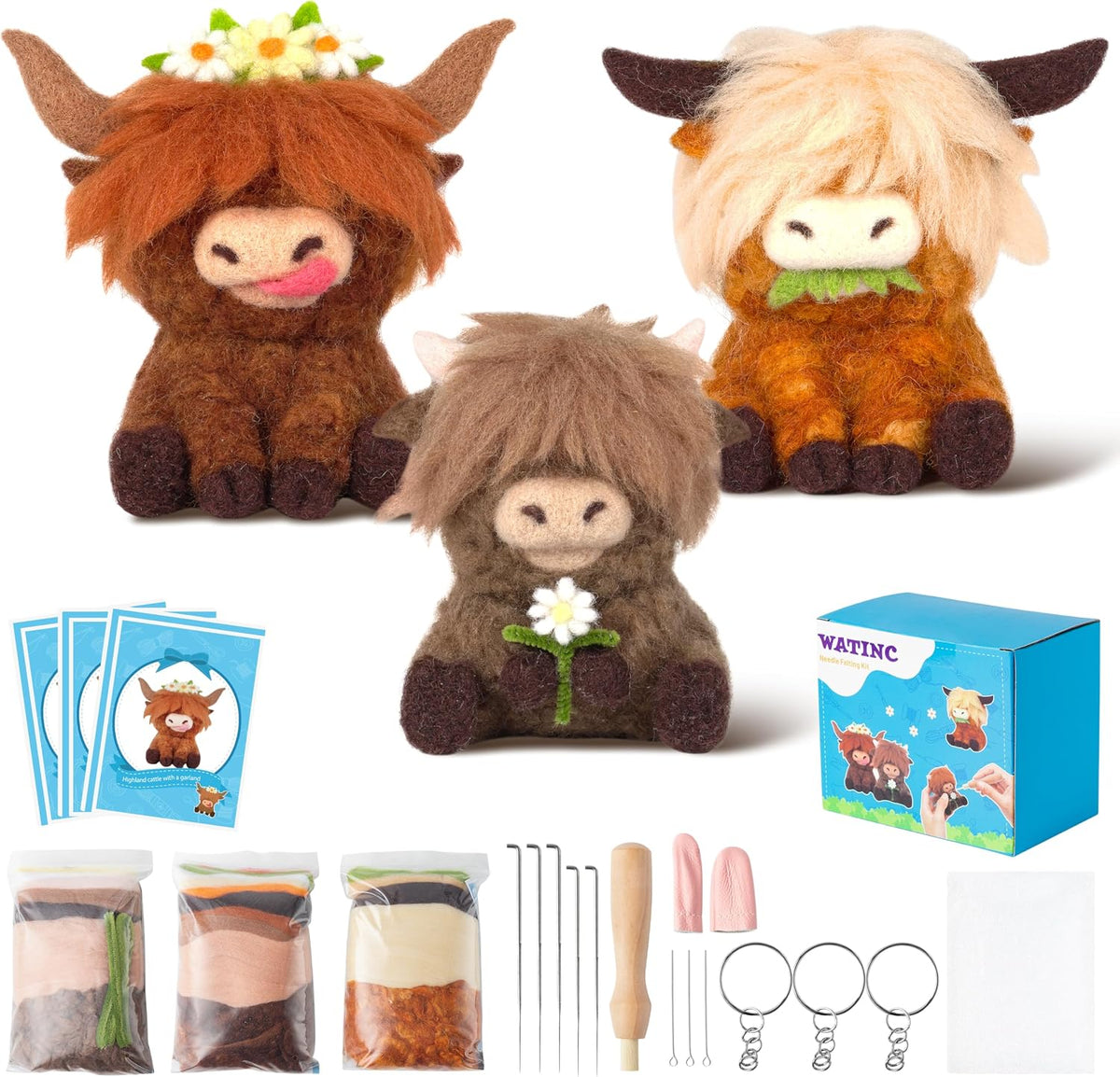 WATINC Needle Felting Kit - 3 Set Unique Different Cute Doll Wool Felt Needle Tools Foam Pad Instruction, DIY Home Decoration Craft Party Supplies for Art Work Starter Beginners (Highland Cow)