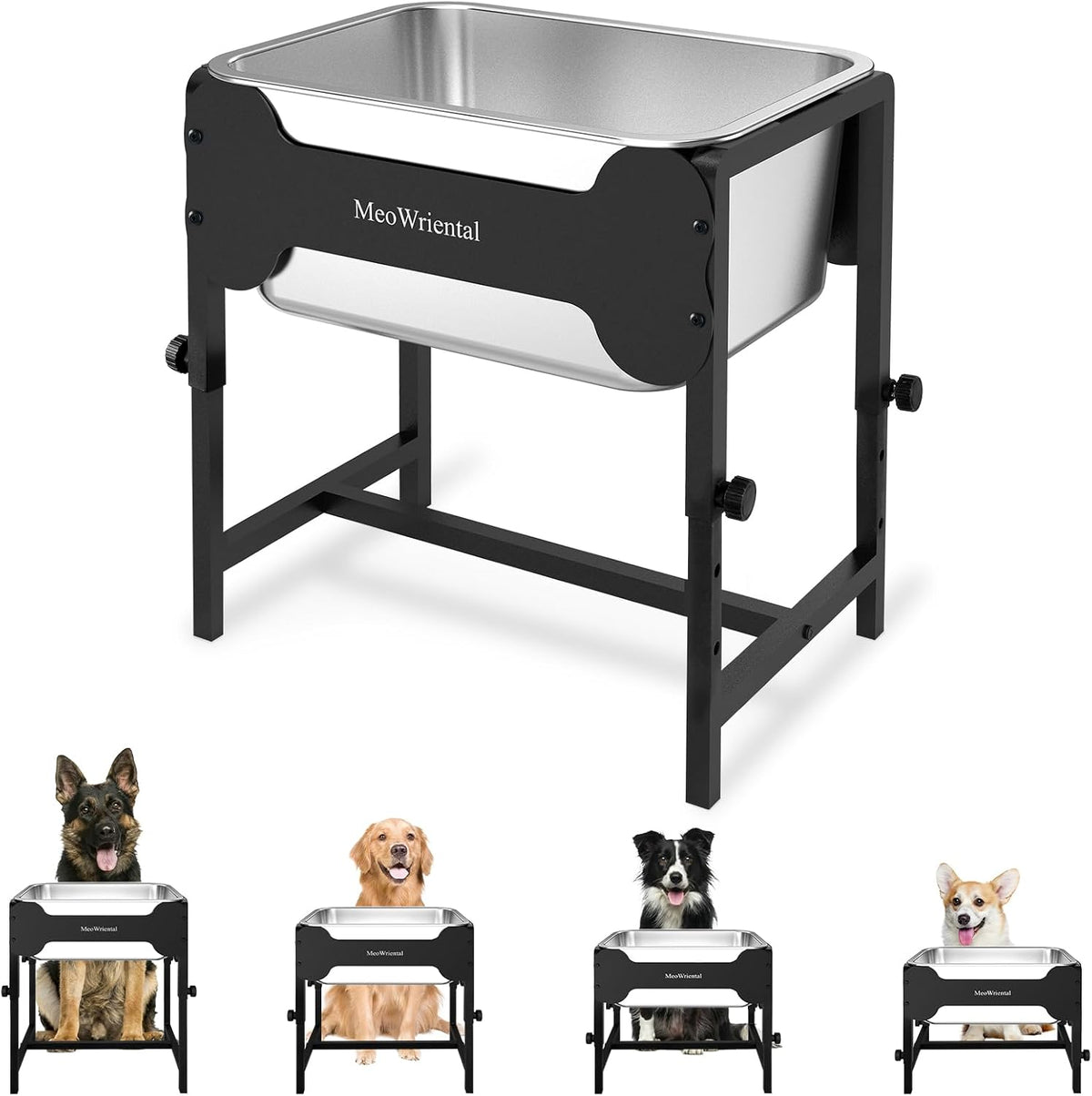 2.5 Gallon Adjustable Elevated Dog Water Bowl, Raised Stainless Steel Large Dog Bowl with 4 Height(11-17")， Full Metal Feeding Station for Relief Joint Pressure, Easy to Clean, Indoor & Outdoor