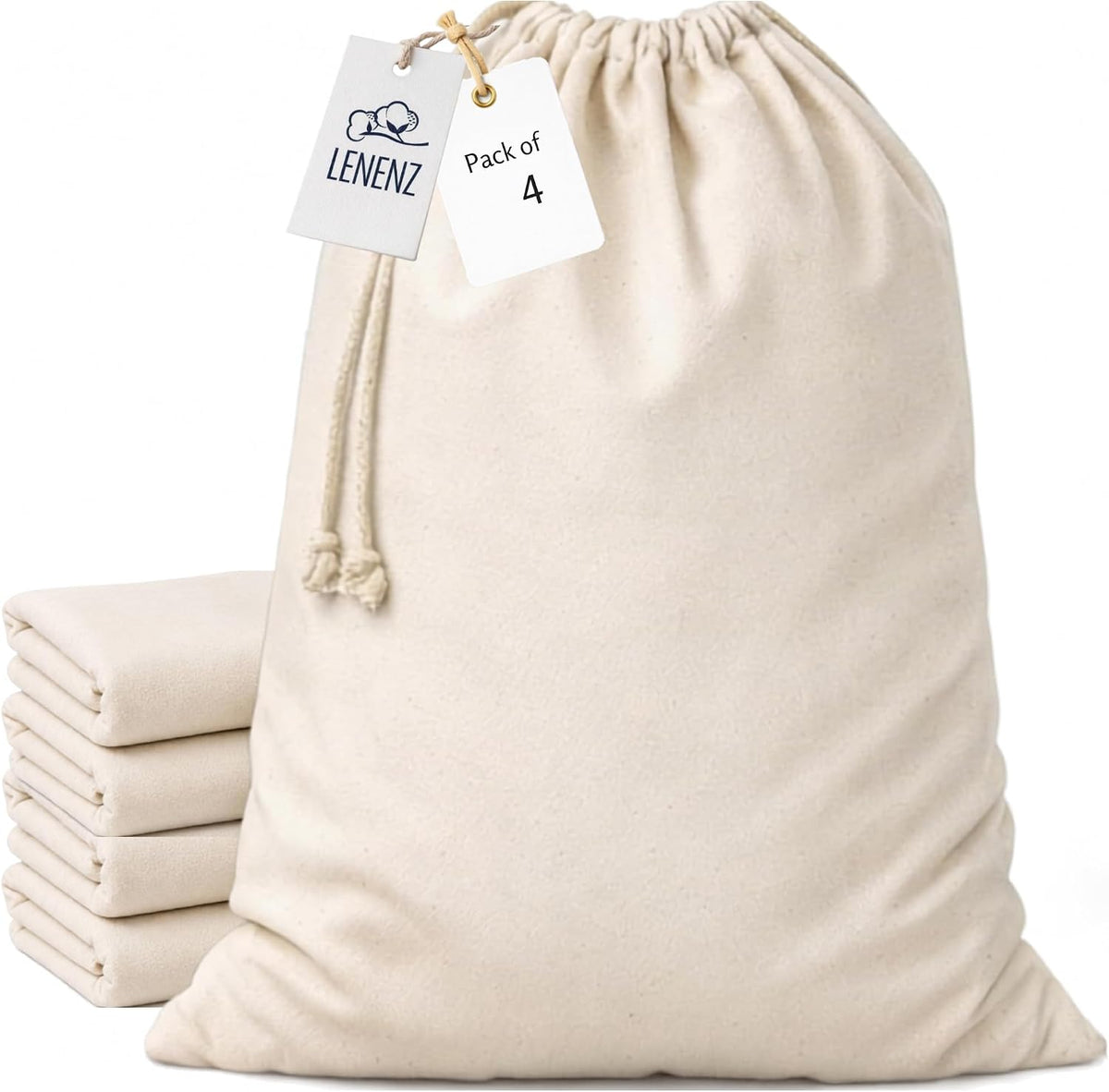 4 Pack Reusable Laundry Bags - 100% Cotton Multi Purpose Travel Laundry Bag - Durable & Machine Washable - Large Laundry Bag 28 X 36"