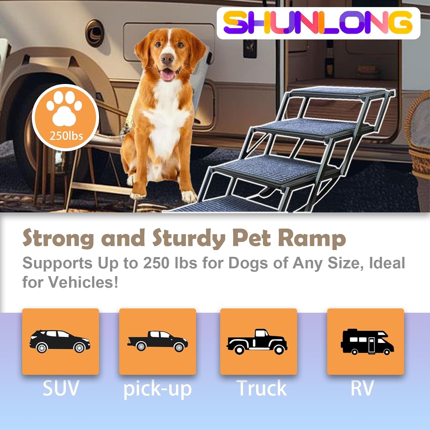 Dog Ramp for Car Truck and SUV Dog Stairs for Large Dogs Folding Pet Stairs with Non-Slip Rug Surface Supports up to 250 Lbs (5 Steps)