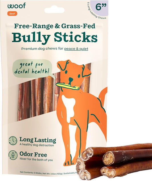 WOOF Bully Sticks Dog Chew Treats, 6 Inch, 5 Count