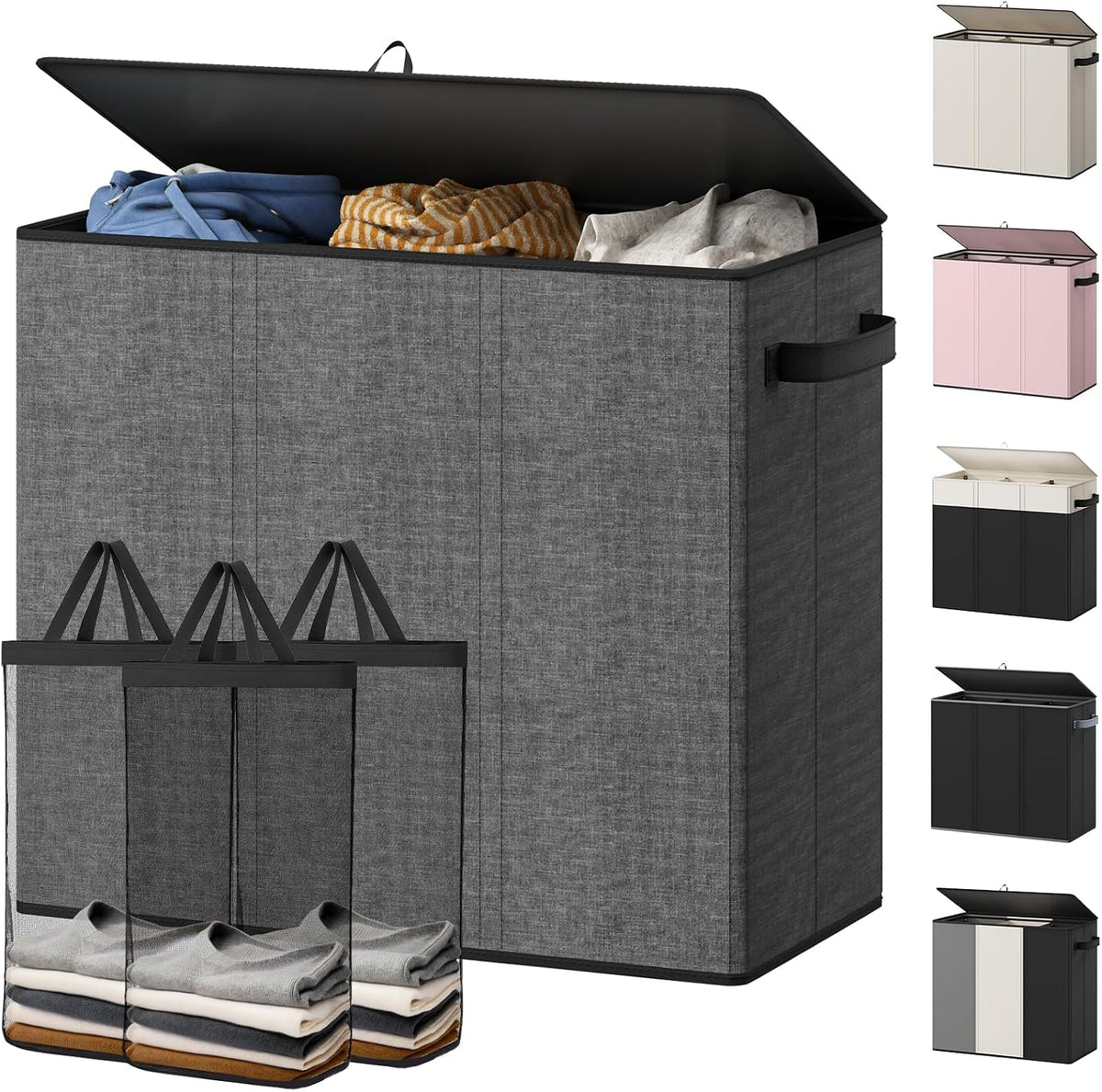 Optish 180L Laundry Hamper 3 Section, Large Hamper with Mesh Bags & Lid