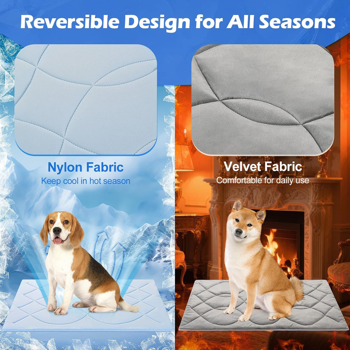 Q-Max>0.4 Dog Cooling Mat (Cool&Warm), 48''×28'', L, Blue+Grey