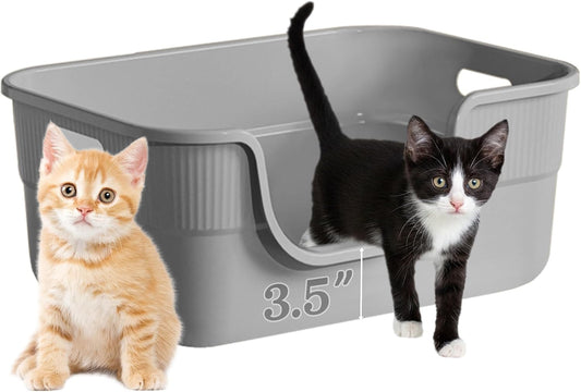 Low Entry Kitty Litter Box for Small Cats, Kittens Litter Boxes with High Sides, Open Top, Anti-Splash Plastic Litter Pan for Medium Pets, Easy to Clean, 16.5" L*11.8" W*7" H (Grey)