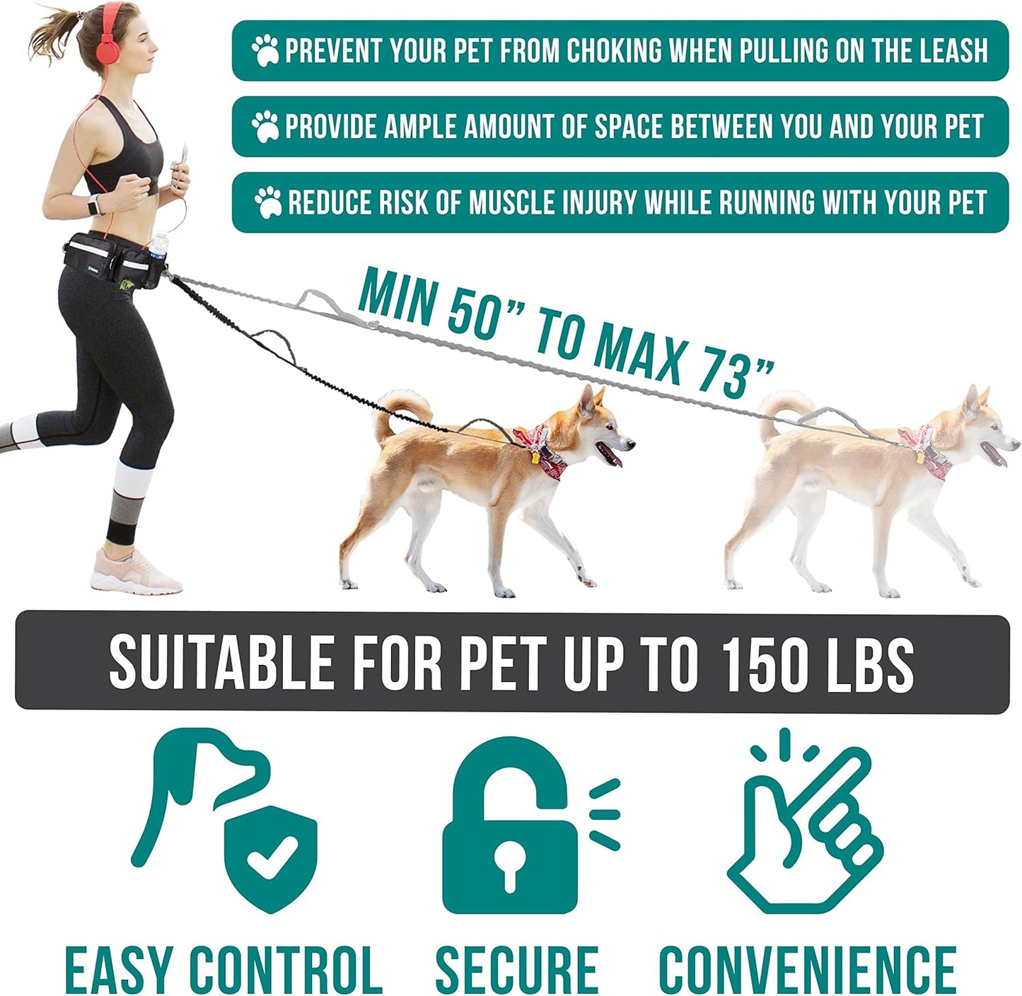 Petami Hands Free Dog Leash, Dog Running Leash Belt Bag for Walking, Jogging, Dog Waist Double Zipper Pouch with Poop Bag Dispenser, Dual Padded Handles Reflective Bungee Leash, Double (Black)