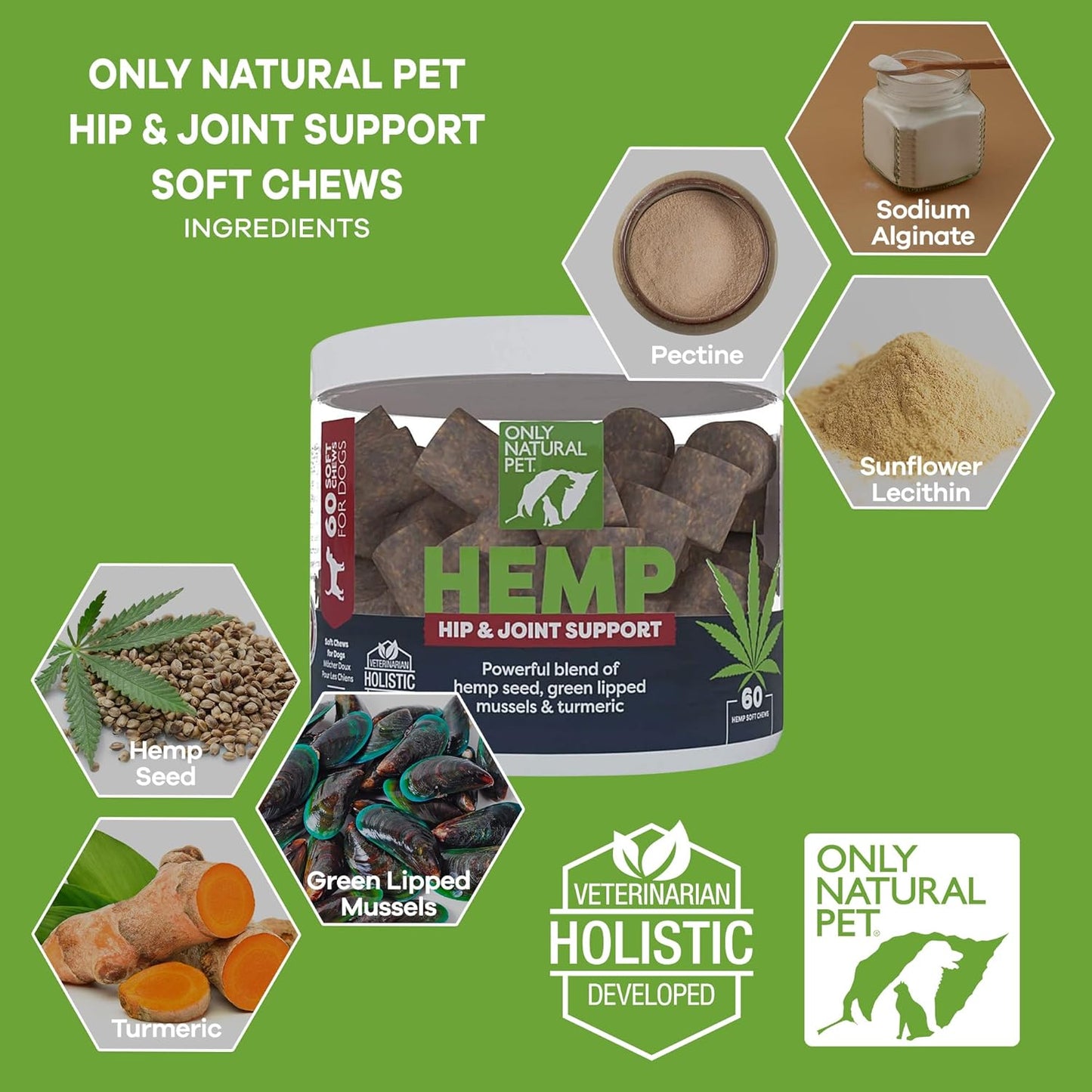 Only Natural Pet Hemp Hip & Joint Support for Dogs - Supplement for Mobility Wellness Pain Relief Healthy Inflammatory & Bone Stiffness - Chews W/Fatty Acid Blend Mussels & Turmeric - 60 Count (H/J)