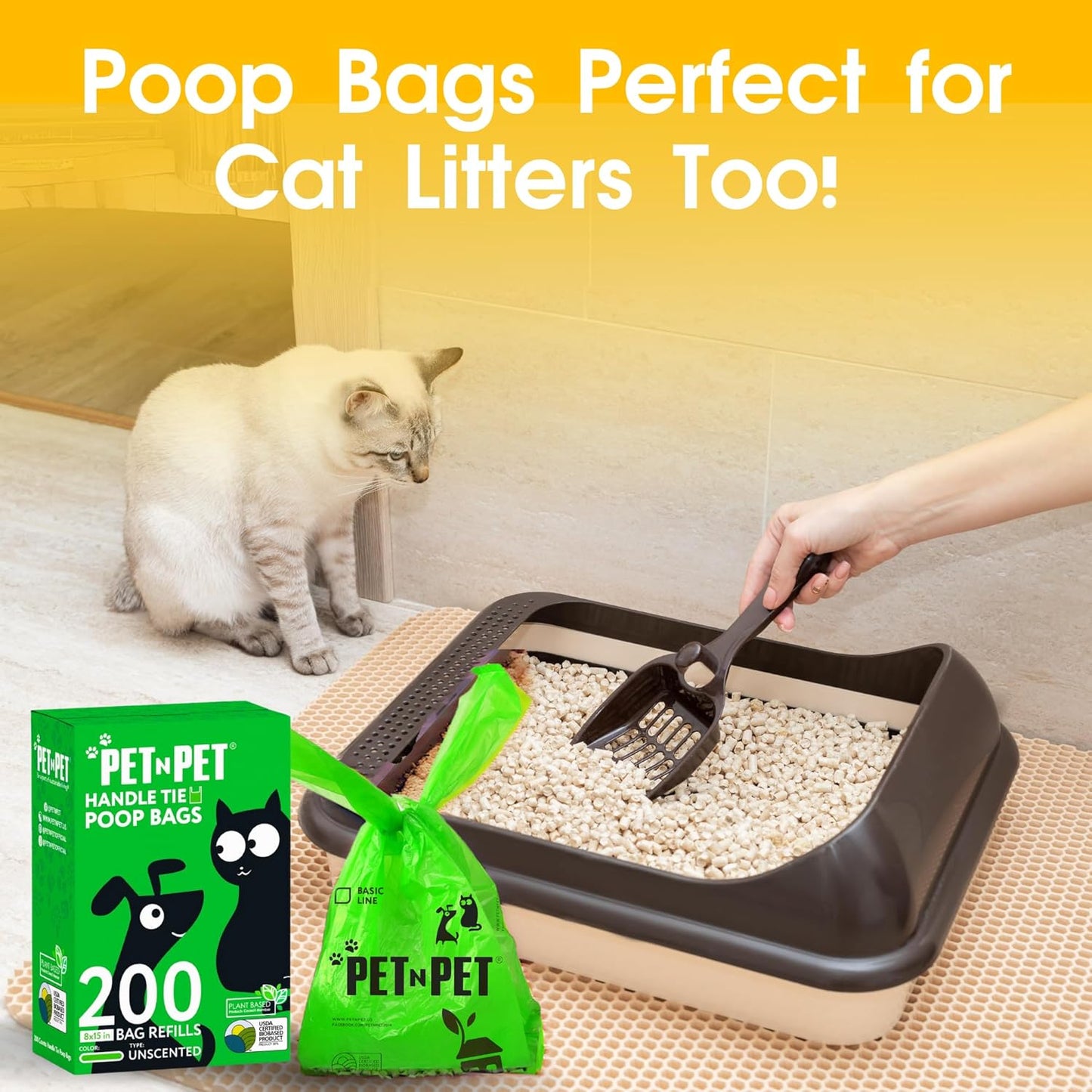 Pet N Pet 200 Counts Unscented Dog Poop Bags with Tie Handles, 41% Plant Based & 59% PE Poop Bags for Dogs, Extra-Thick Doggie Poo Bag, Pet Waste Bag