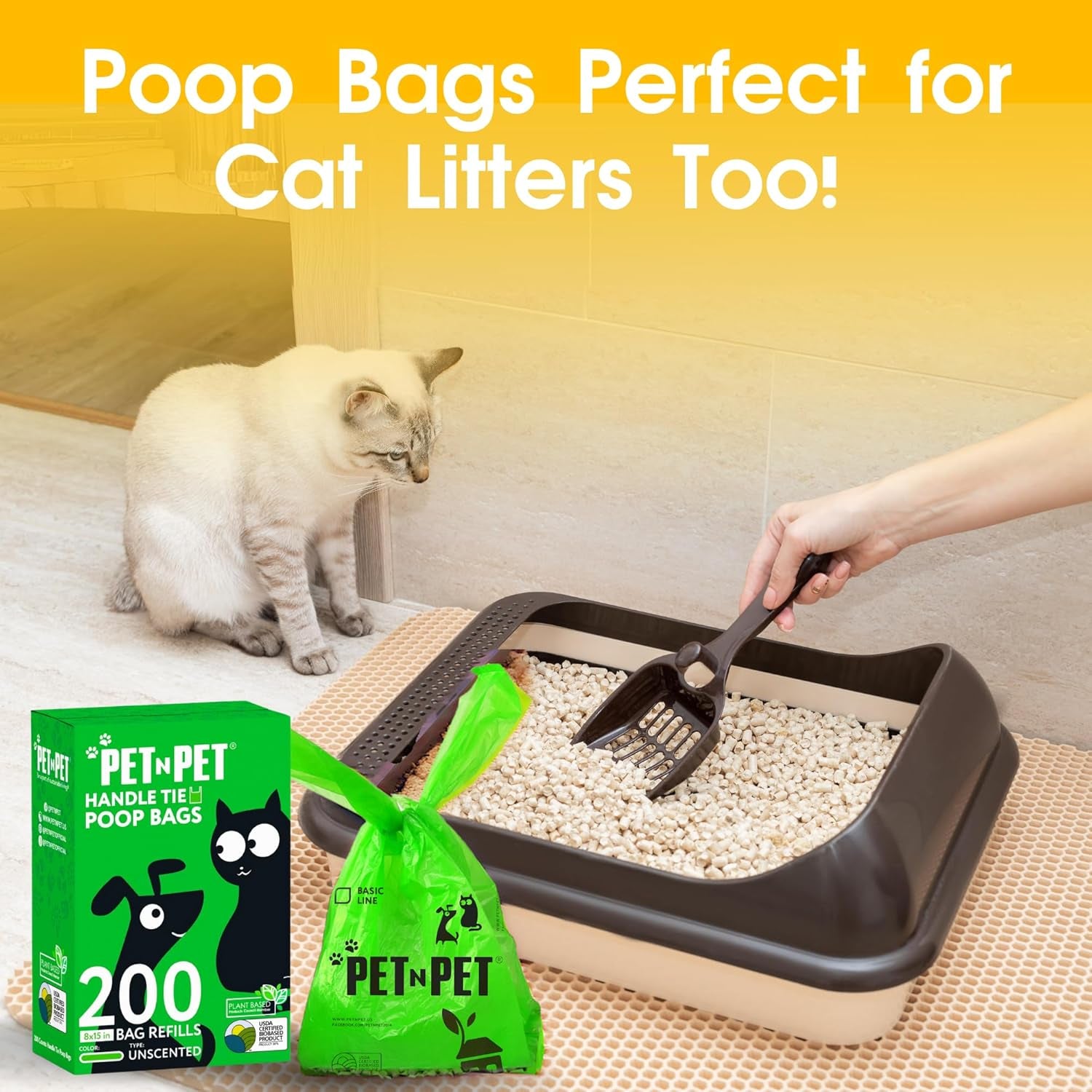 Pet N Pet 200 Counts Unscented Dog Poop Bags with Tie Handles, 41% Plant Based & 59% PE Poop Bags for Dogs, Extra-Thick Doggie Poo Bag, Pet Waste Bag
