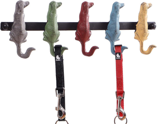 Wall Mounted Metal Dog Leash Hooks Key Holder for Wall Entryway Decorative Key Hangers Coat Racks with 5 Hooks Rustic Farmhouse Wall Decor Dog Lovers Gifts for Women