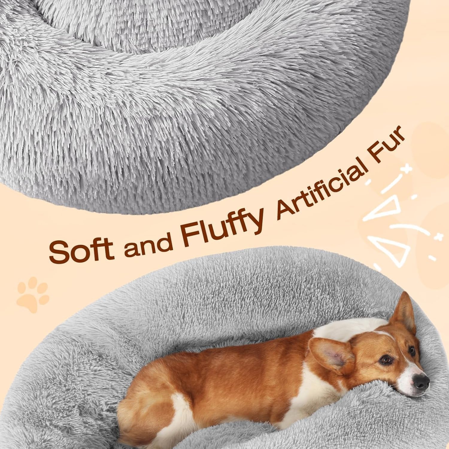 JOLLYVOGUE 23" Dog & Cat Bed, Calming Anti-Anxiety Pet Bed for Small Dogs, Fluffy Donut Cushion for Small and Medium Pets