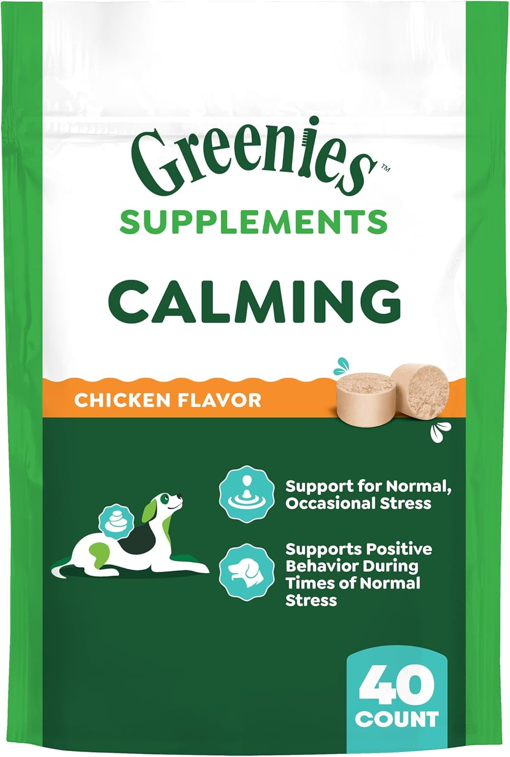 Greenies Supplements Calming Chews for Dogs Chicken Flavor, Dog Calming Chews, 7.3 Oz. Container of 40 Count