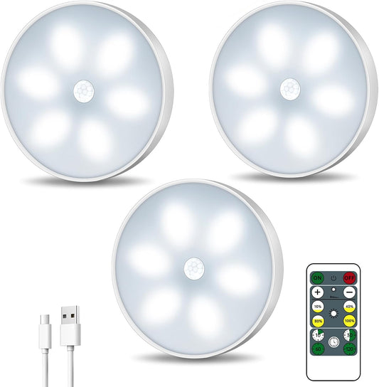 Lightbiz LED Closet Lights Wireless Motion Sensor Puck Light, Newest Version USB Rechargeable Dimmer Step Light with Remote, Night Safe Lighting for under Cabinet, Kitchen, Hallway, Stairs (3 Pack)