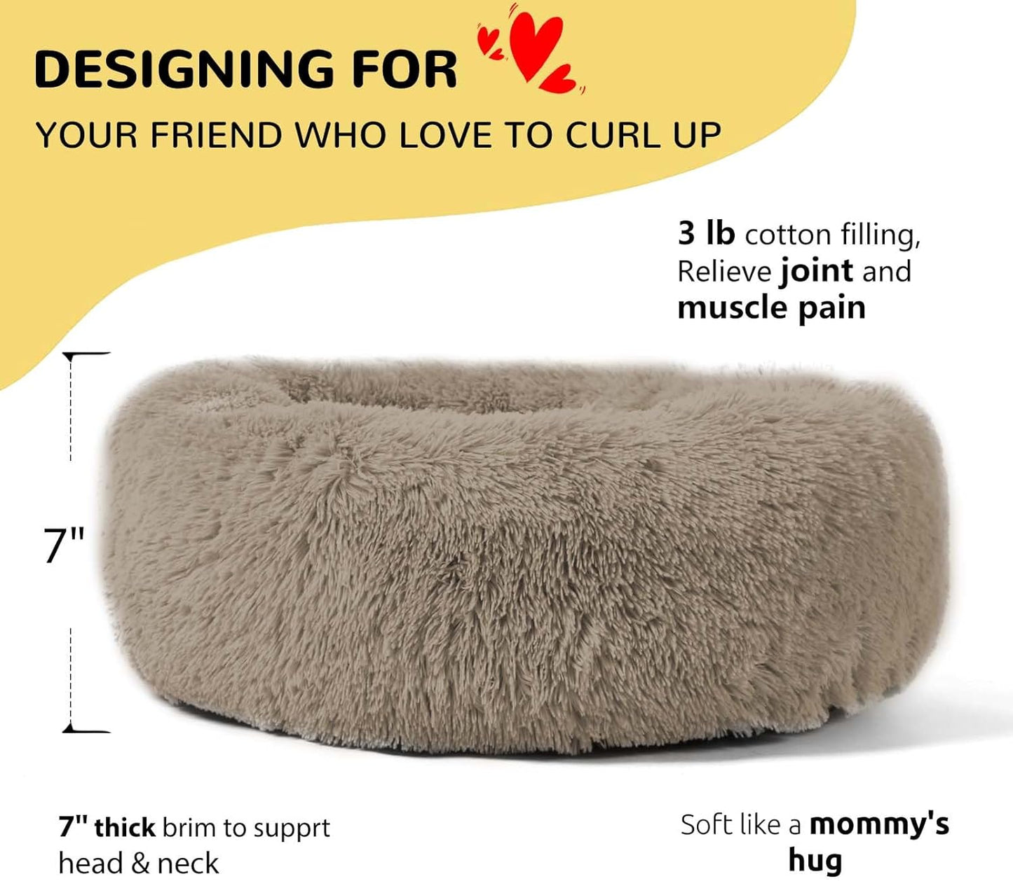 HACHIKITTY Calming Donut Cuddler Dog Bed, round Fluffy Pet Bed with Sewn-In Cushionfor Large Dogs,Washable, Large, Taupe, 30''