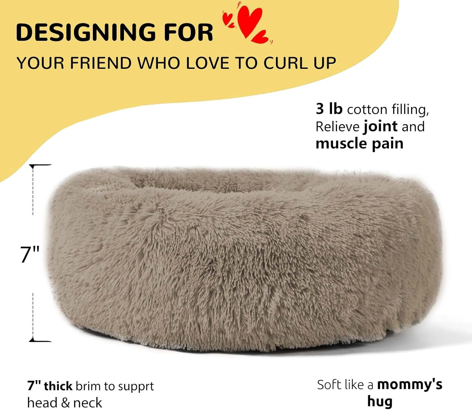 HACHIKITTY Calming Donut Cuddler Dog Bed, round Fluffy Pet Bed with Sewn-In Cushionfor Large Dogs,Washable, Large, Taupe, 30''