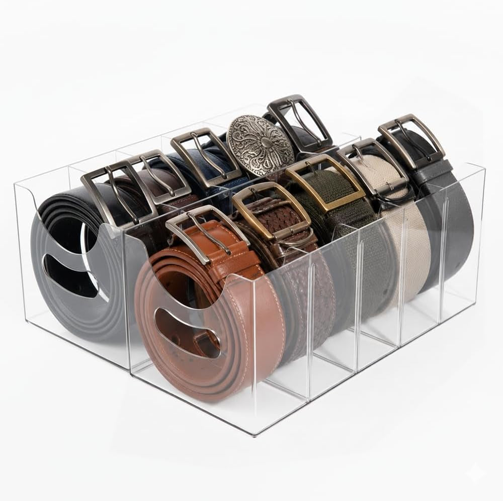 Belt Organizer,Acrylic Belt Organizer for Closet with Removable Dividers 5 Compartments & Handles Drawer Organization and Storage for Purse,Underwear, Socks,And Ties (2Pack)