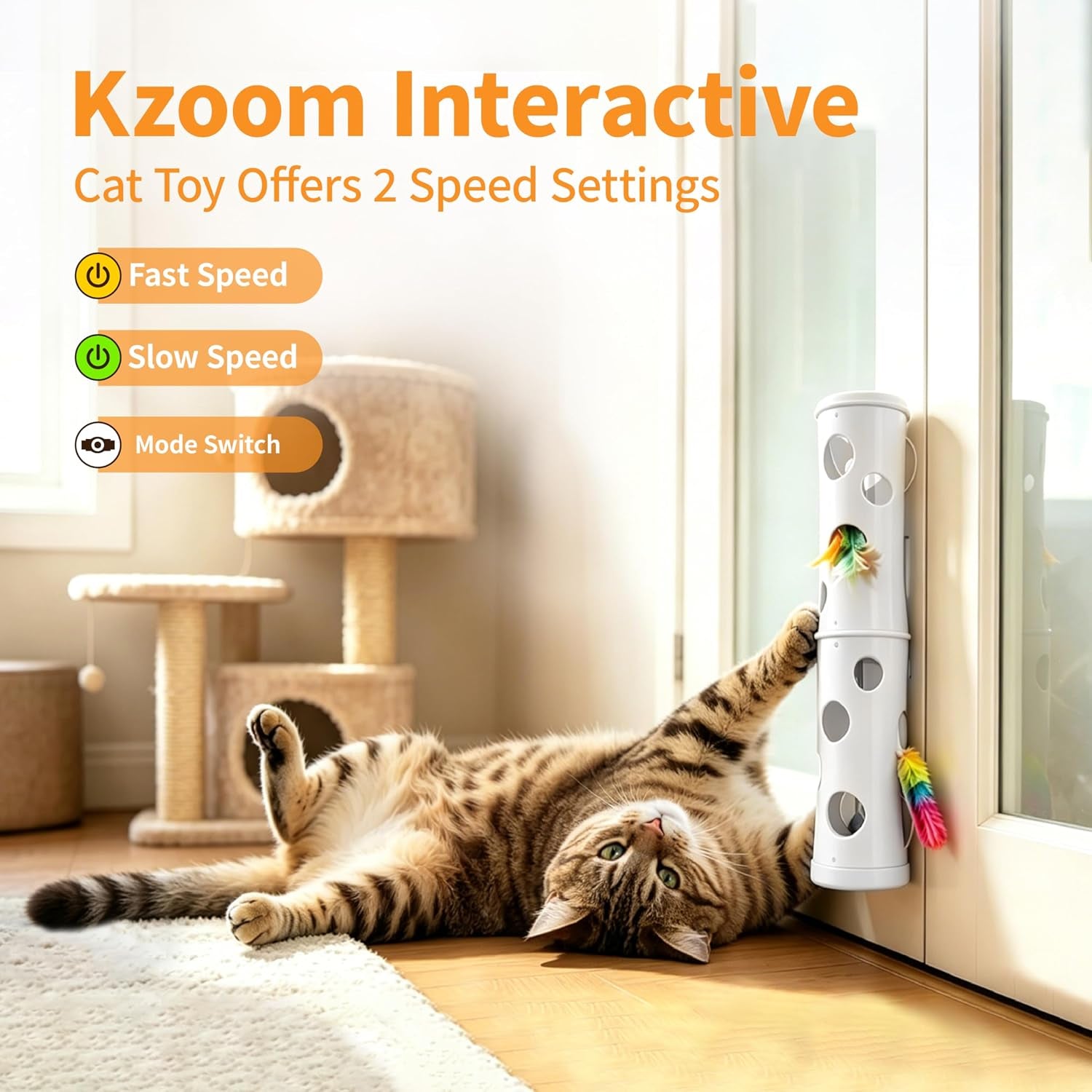 Kzoom Interactive Cat Feather Toy, Cat Toy Automatic Fluffy Tail Teaser with Motion Activated, USB Rechargeable, Suction Cup for Stable Play, Perfect for Indoor Cats