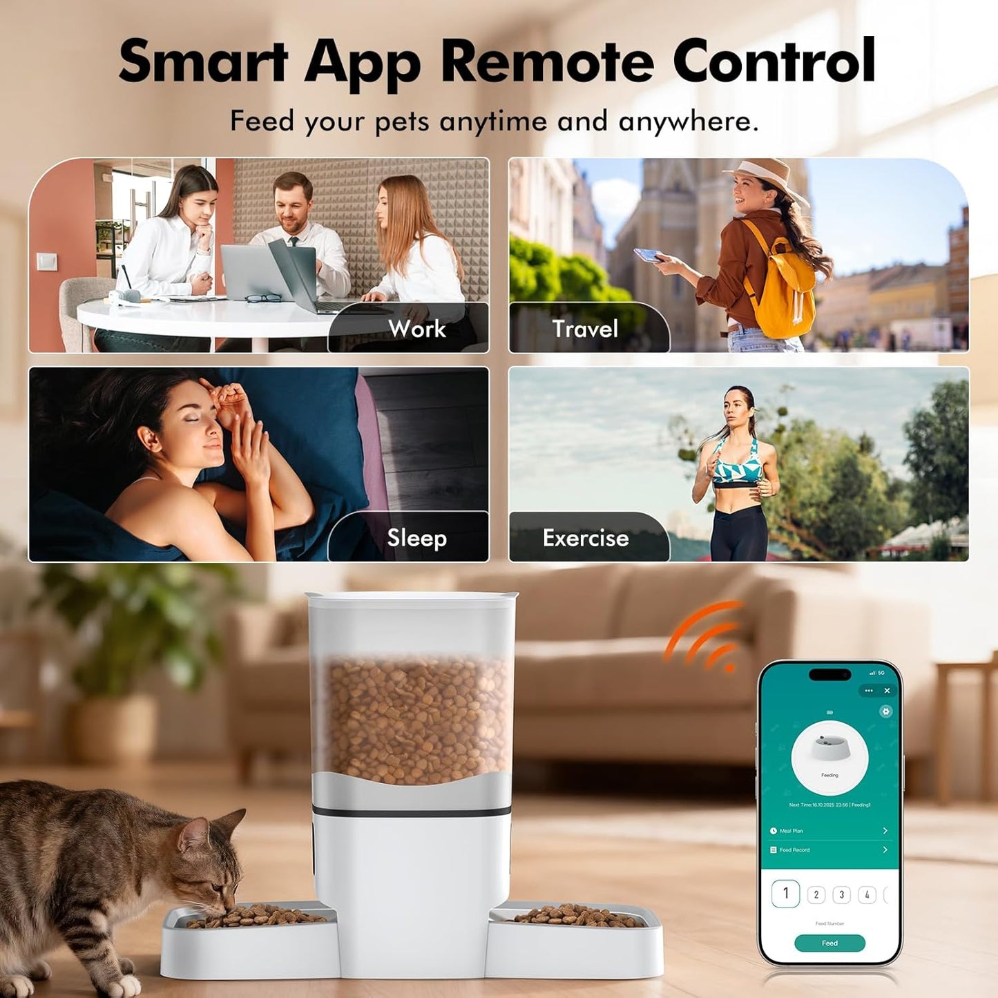 Automatic Cat Feeder for 2 Cats, 6L/25 Cup Large Capacity Wifi Pet Feeder with 2 Stainless Steel Bowls, Dual Power Supply, APP Control, 10S Voice Recorder, Timed Dry Food Dispenser for Multiple Pets