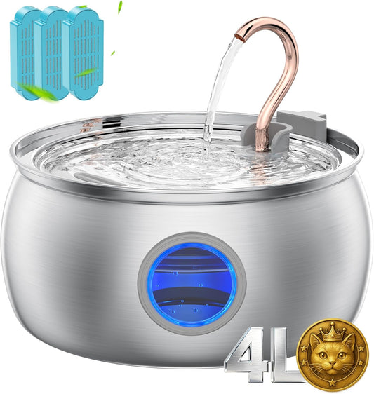 Tomxcute Cat Water Fountain - 4.0L/135Oz Gooseneck Copper Stainless Steel Cat Water Fountains for Cats Indoor - Kitty Cat Fountains for Drinking Spout - Comes with 3 Replacement Filters