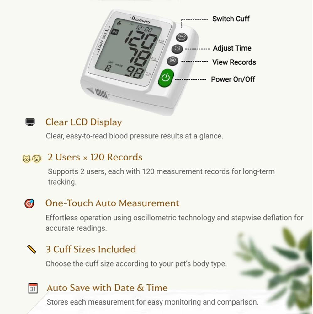 Wearable Pet Blood Pressure Monitor for Cats & Dogs, Automatic Oscillometric Veterinary BP & Heart Rate Monitor, 4 Adjustable Cuffs 4.2–15Cm, Dual-User 120 Memory, Portable Home & Vet Clinic Use