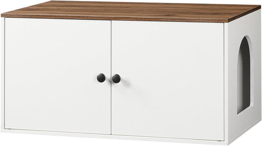 HOOBRO Cat Litter Box Enclosure, Hidden Litter Box Furniture with Side Entry, Litter Box Cabinet, Indoor Cat House, End Side Table, 31.5" L X 17.7" W X 16.3H, for Bathroom, White and Walnut WH40MW01