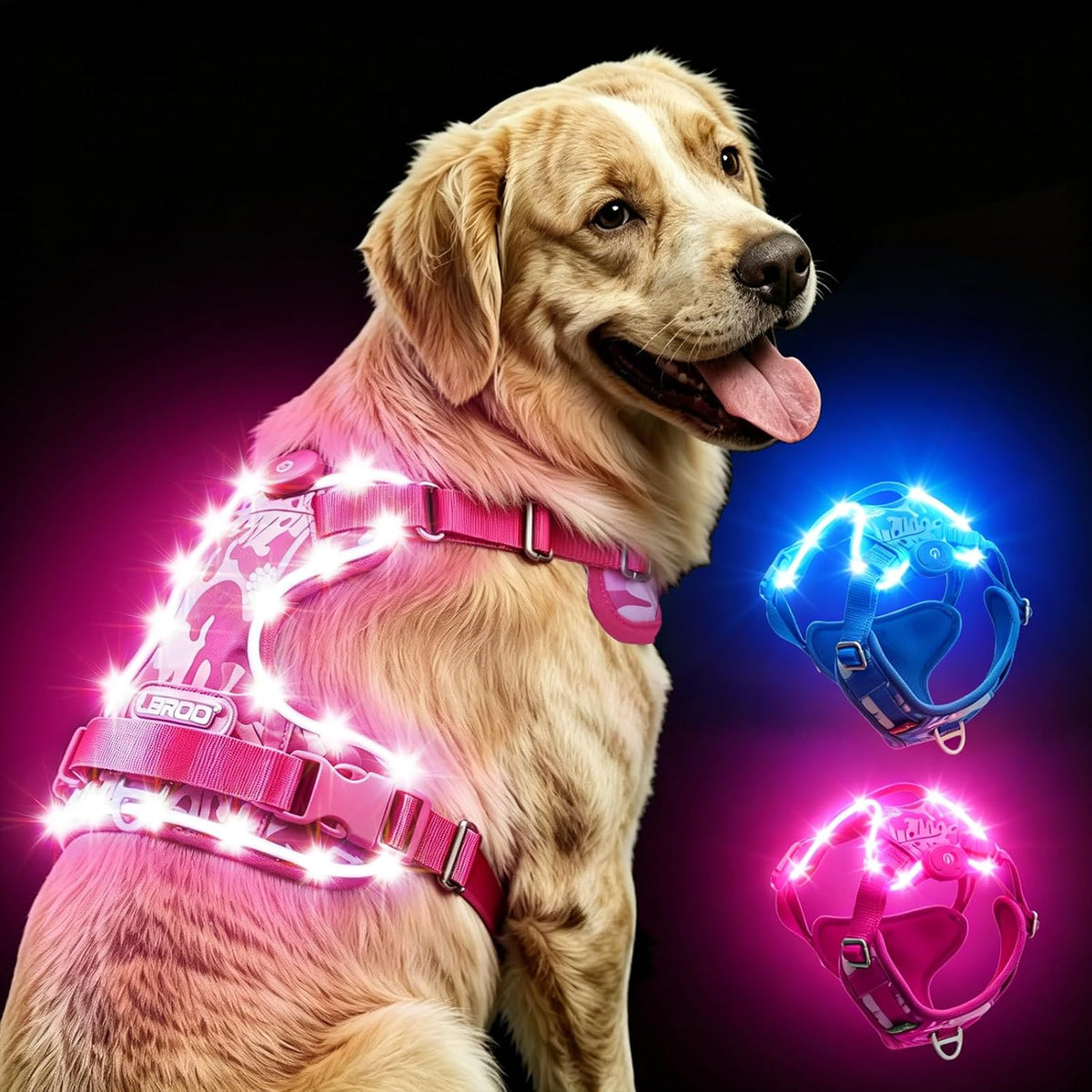 Laroo Light up Dog Harness - LED Dog Harness Rechargeable for Night Walking, Three Lighting Modes,Adjustable Areflective Vest for Small to Large Dogs(L, Pink)