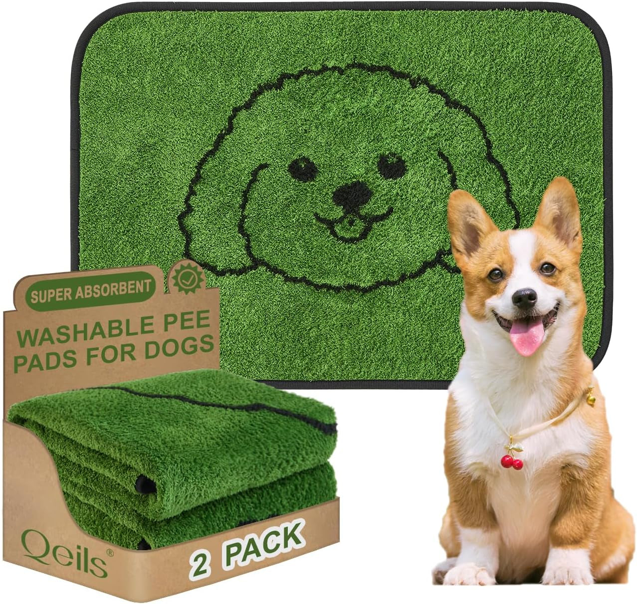 Qeils Reusable Puppy Pads , Washable Pee Pads for Dogs 18" X 24" 2 Pack | Super Absorbent & Leakproof Potty Training Pads, Plush Grass-Look with Non-Slip Backing for Crates, Playpens & Small Pets