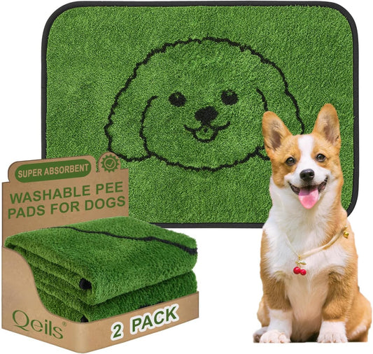 Qeils Reusable Puppy Pads , Washable Pee Pads for Dogs 18" X 24" 2 Pack | Super Absorbent & Leakproof Potty Training Pads, Plush Grass-Look with Non-Slip Backing for Crates, Playpens & Small Pets