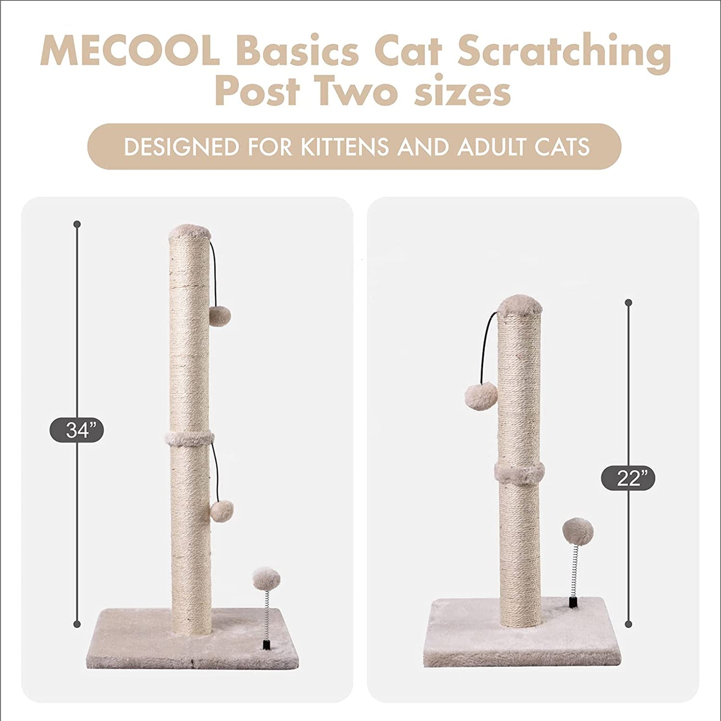 MECOOL Cat Scratching Post Premium Basics Kitten Scratcher Sisal Scratch Posts with Hanging Ball 22In for Kittens or Smaller Cats (22 Inches for Kitten, Beige)