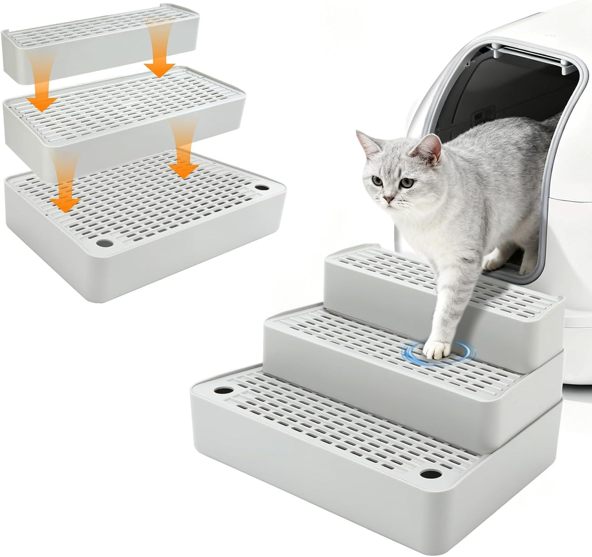 Adjustable 3-Step Cat Ramp for Litter Box, Litter Trapper, Grey