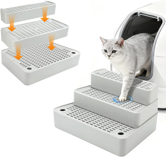 Adjustable 3-Step Cat Ramp for Litter Box, Litter Trapper, Grey