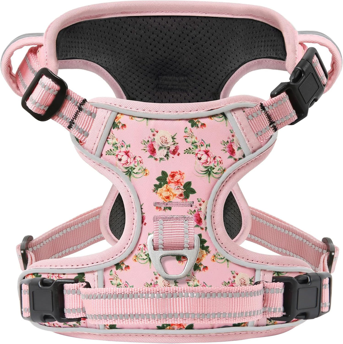 Timos Dog Harness Medium Sized, Quick Release 3 Buckles, Flower Pink, M