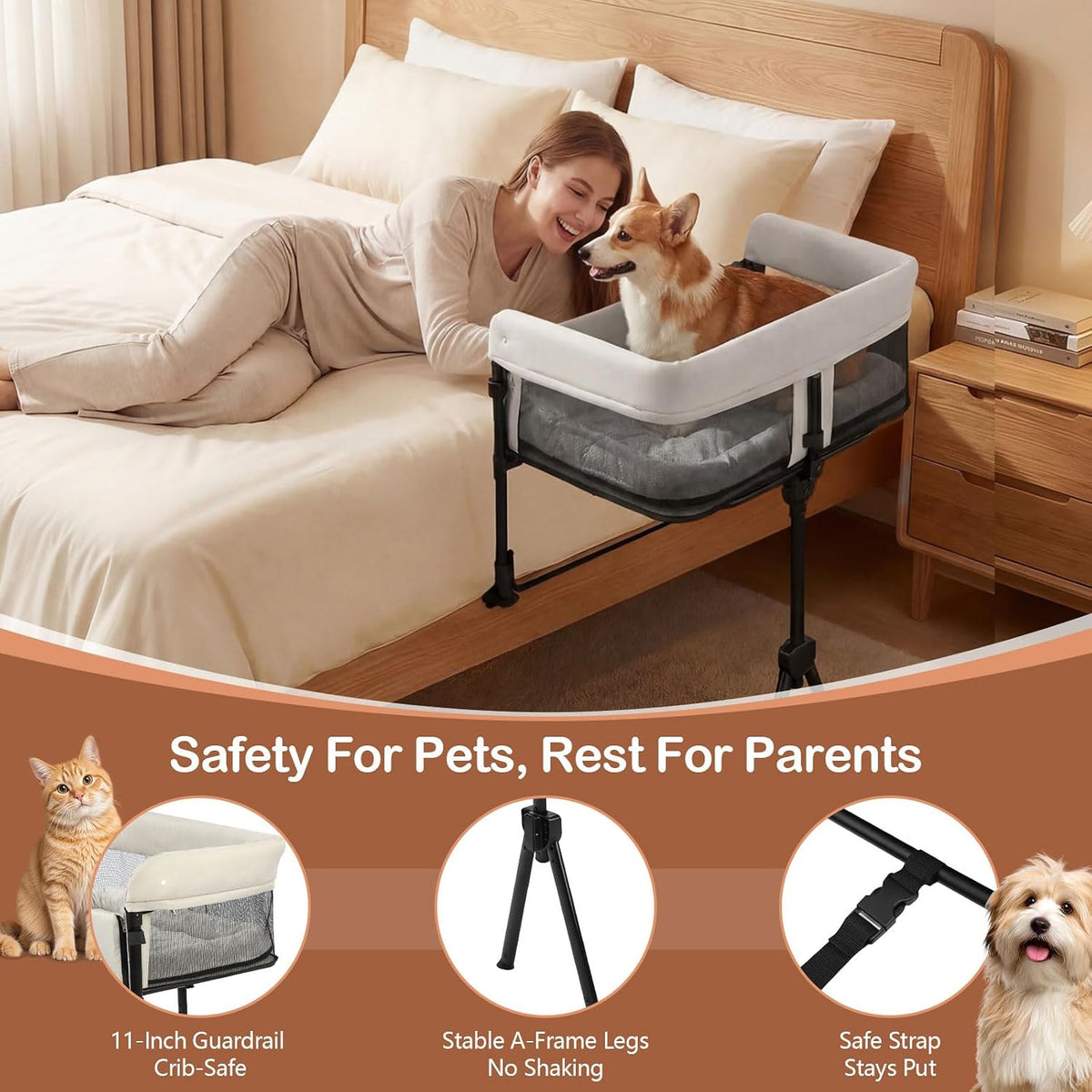 Bedside Dog Bed with Adjustable Height, for Small Dogs & Cats