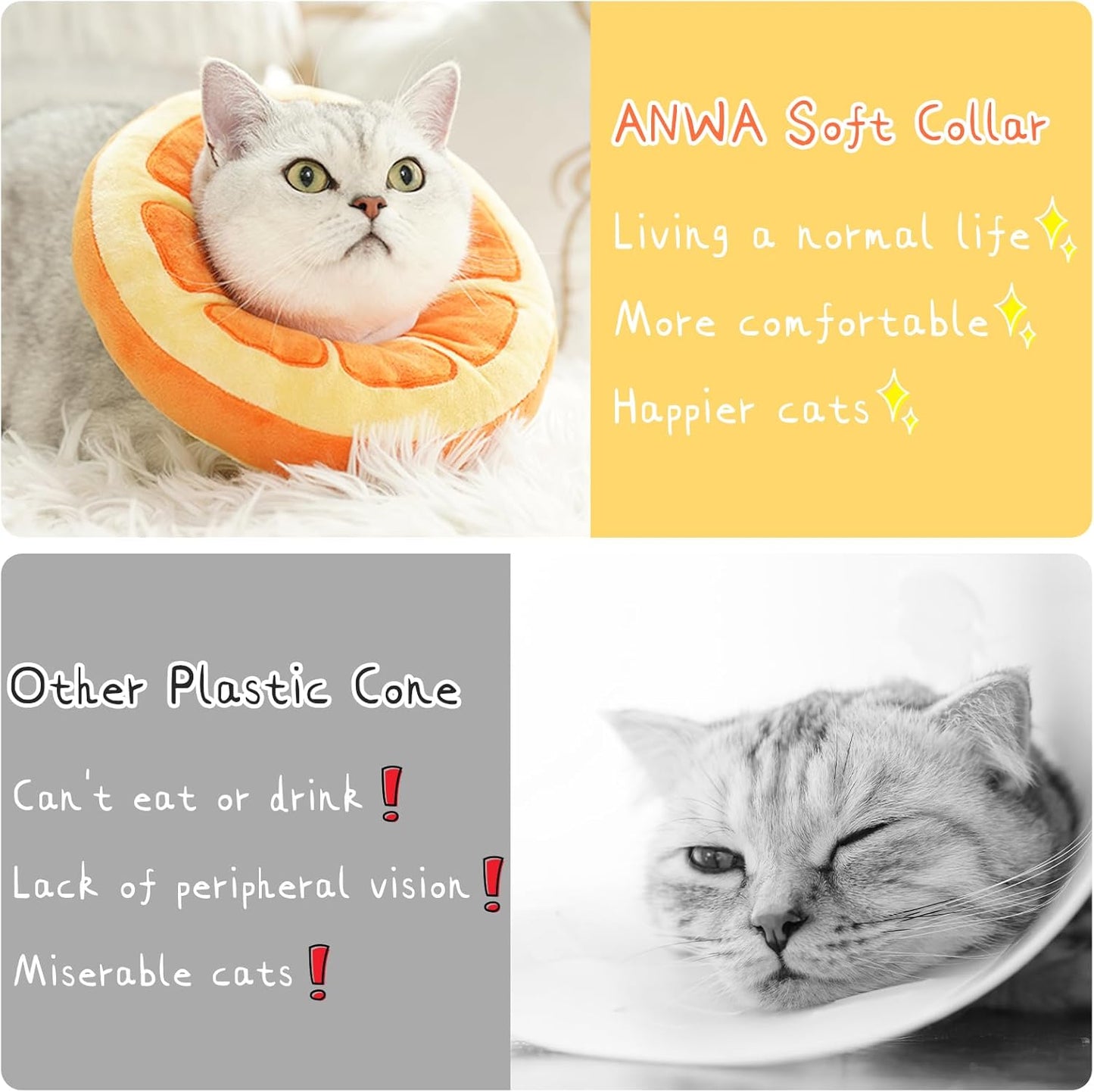 ANWA Adjustable Cat Cone Collar Soft, Cute Cat Donut Collar after Surgery, Kitten Recovery Cones to Stop Licking