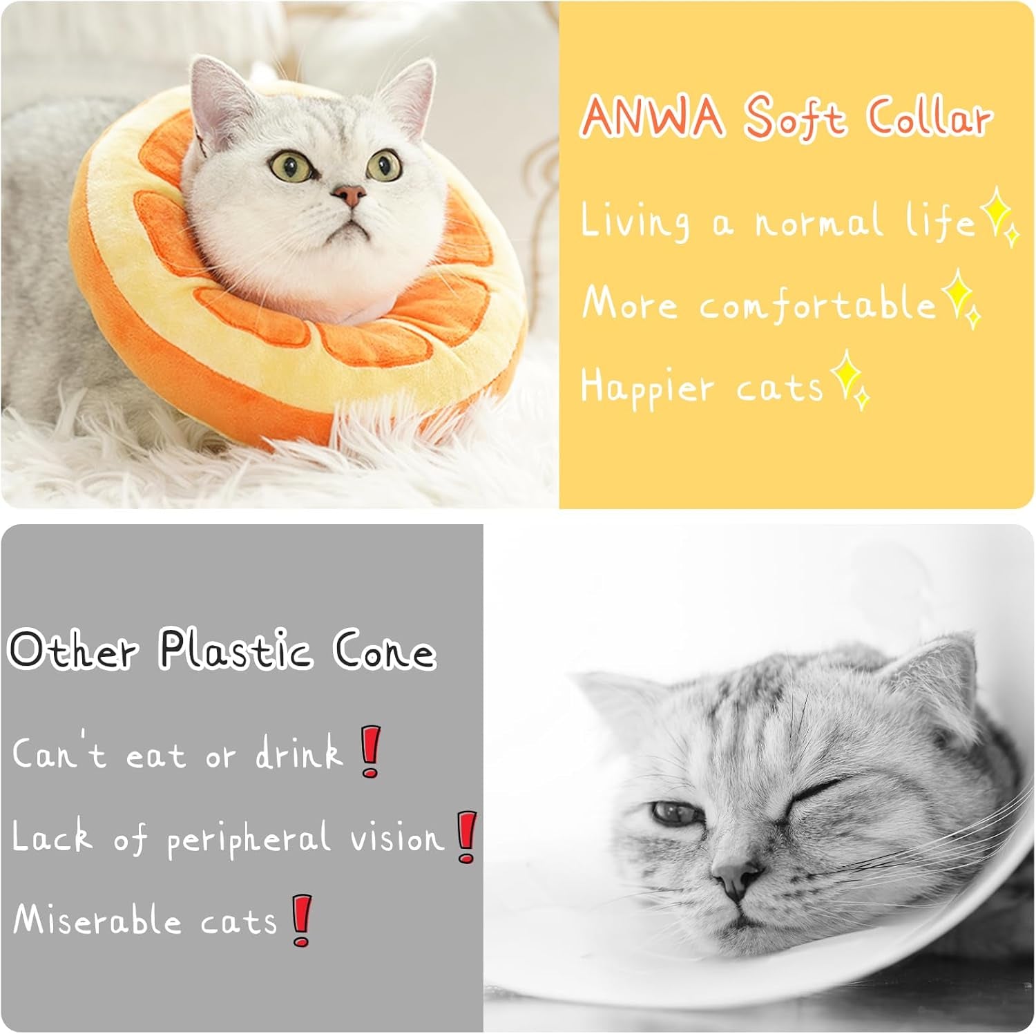 ANWA Adjustable Cat Cone Collar Soft, Cute Cat Donut Collar after Surgery, Kitten Recovery Cones to Stop Licking