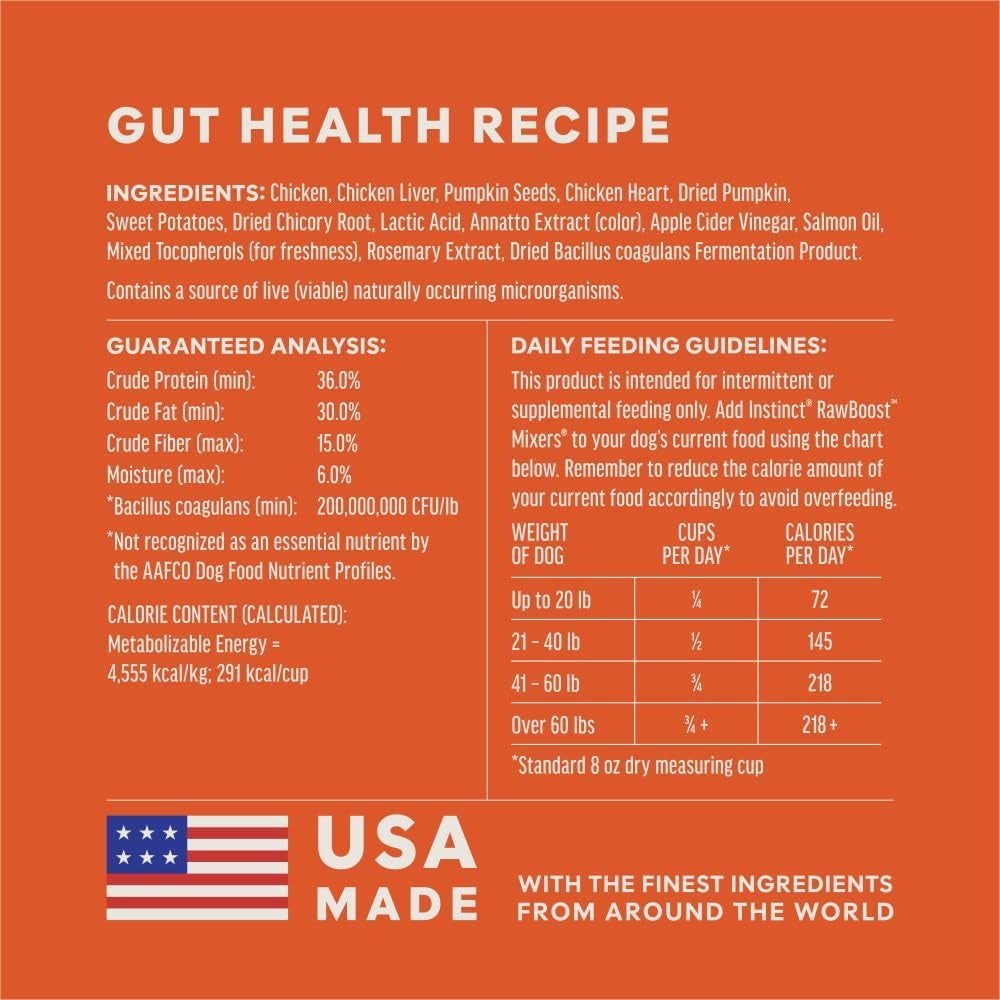 Instinct Rawboost Functional Mixers, Freeze Dried Dog Food Topper, Grain-Free, Real Chicken - Gut Health, 5.5 Oz. Bag