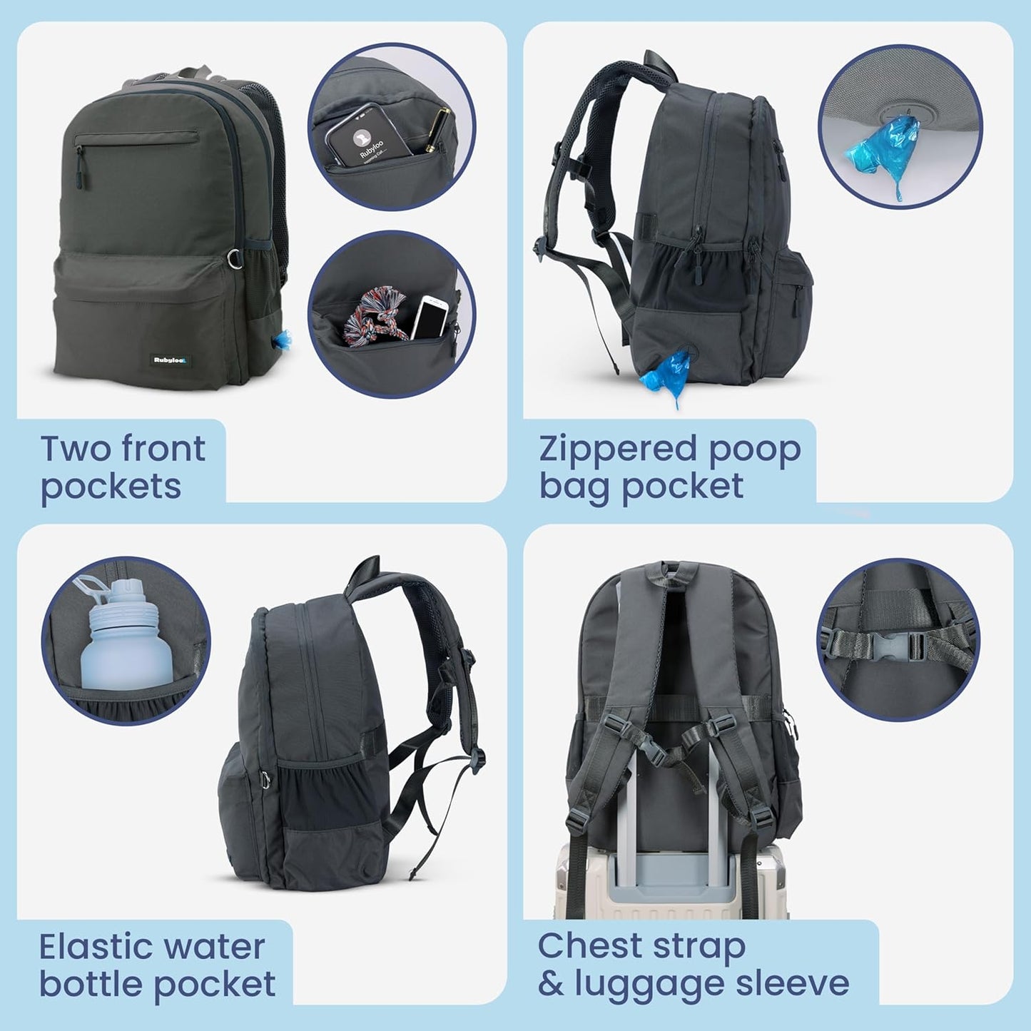 Dog Travel Bag for Supplies - Complete Dog Diaper Bag Backpack with 2 Bpa-Free Travel Bowls, Treat Pouch, Food Container, Placemat & Laptop Sleeve – for Traveling, Road Trips, Hiking: Dk Grey