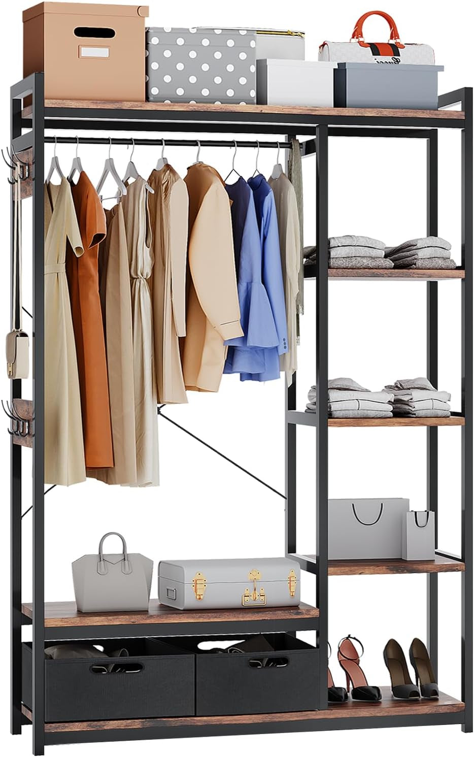 Clothes Rack, Heavy Duty Garment Rack for Clothes, Industrial Clothing Racks with Shelves, 2 Fabric Drawers and 6 Side Hooks, Freestanding Metal Wooden Closet Organizer, Rustic Brown ZER-010