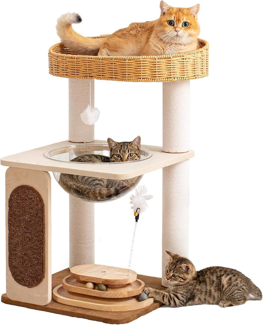 31.8" Cat Tree Tower, Acrylic Bowl, Woven Bed & Sisal Board
