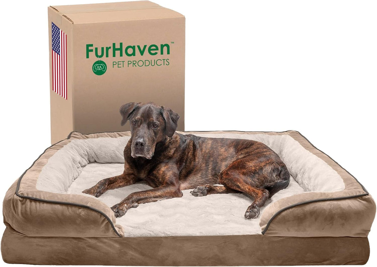 Furhaven Orthopedic Dog Bed for Large Dogs W/ Removable Bolsters & Washable Cover, for Dogs up to 125 Lbs - Plush & Velvet Waves Perfect Comfort Sofa - Brownstone, Jumbo Plus/Xxl