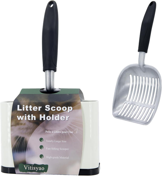Heavy Duty Cat Litter Scoop with Holder, Stainless Steel Kitty Litter Scooper Caddy for Litter Box, Full Metal Speed Sifter Captures All Clumps, Easy to Clean