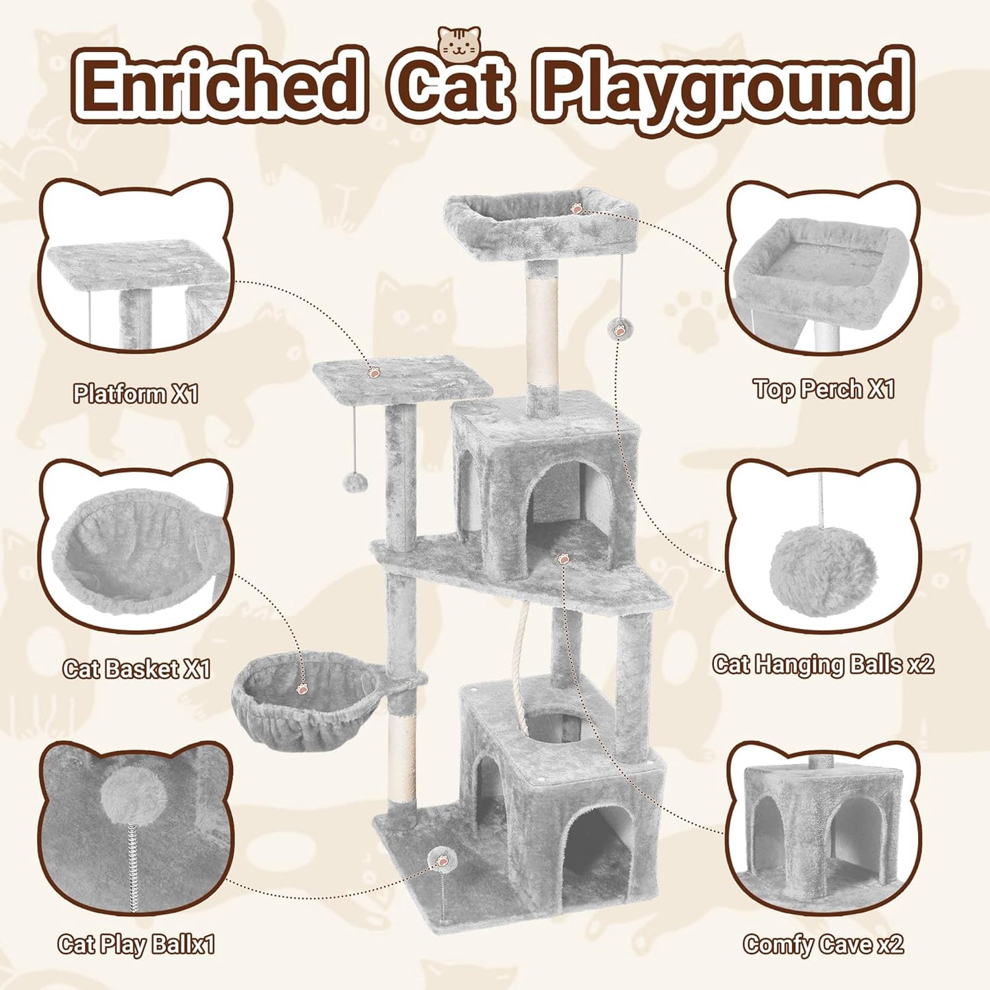 54-Inch Cat Tree Tower with 2 Caves & 2 Pompoms - Multi-Level Tower for Indoor Cats, Soft Plush Condo with Scratching Posts - Sturdy Base for Large Cats (Light Grey01)