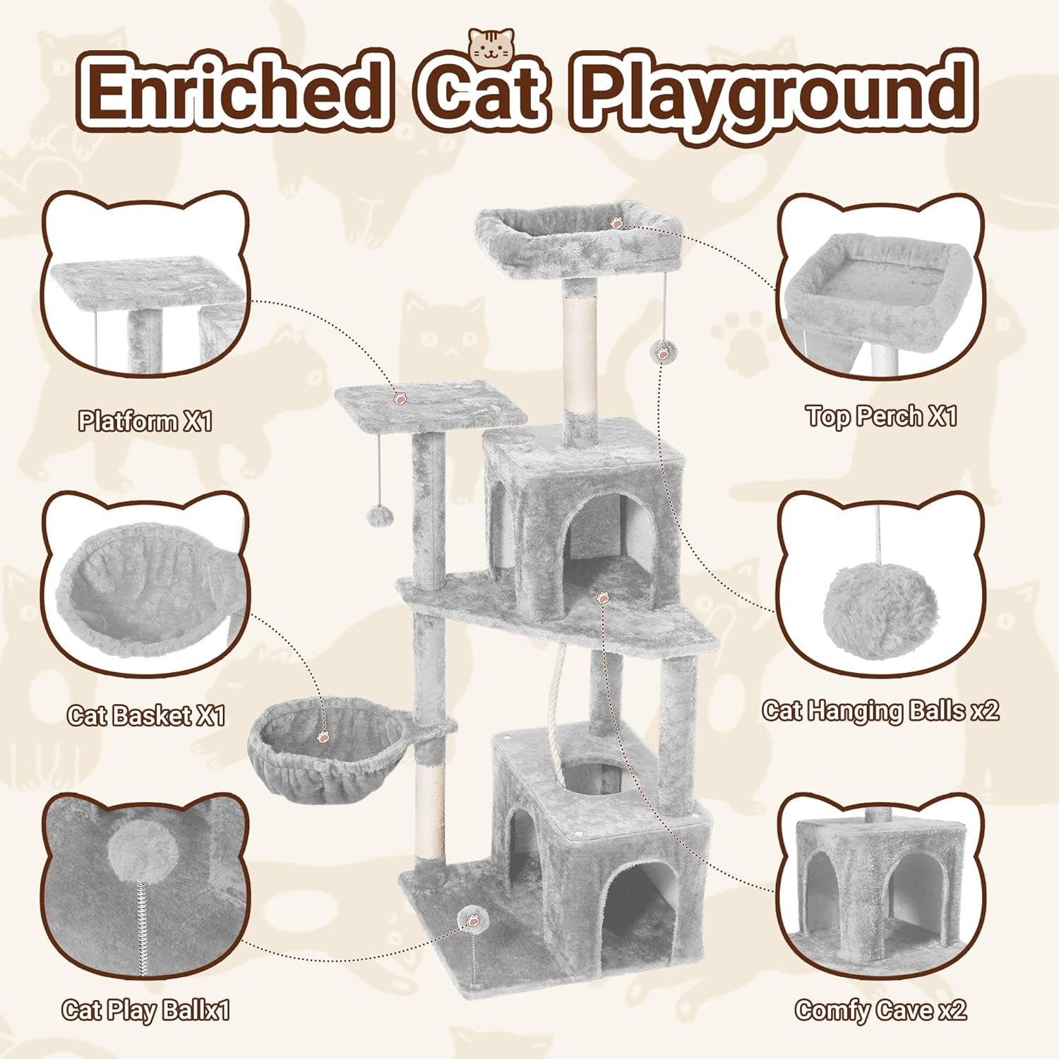 54-Inch Cat Tree Tower with 2 Caves & 2 Pompoms - Multi-Level Tower for Indoor Cats, Soft Plush Condo with Scratching Posts - Sturdy Base for Large Cats (Light Grey01)